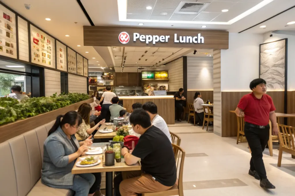 A Pepper Lunch restaurant in Singapore with customers enjoying meals.