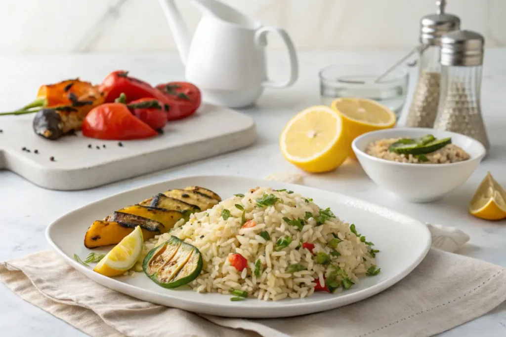 Pepper rice served with grilled vegetables and lemon wedges.