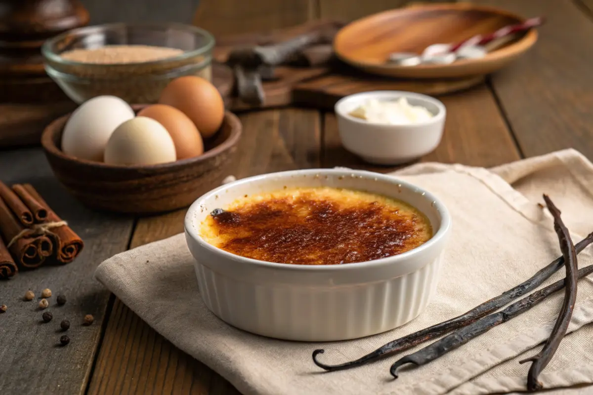 Crème brûlée with caramelized sugar, cream, and eggs.