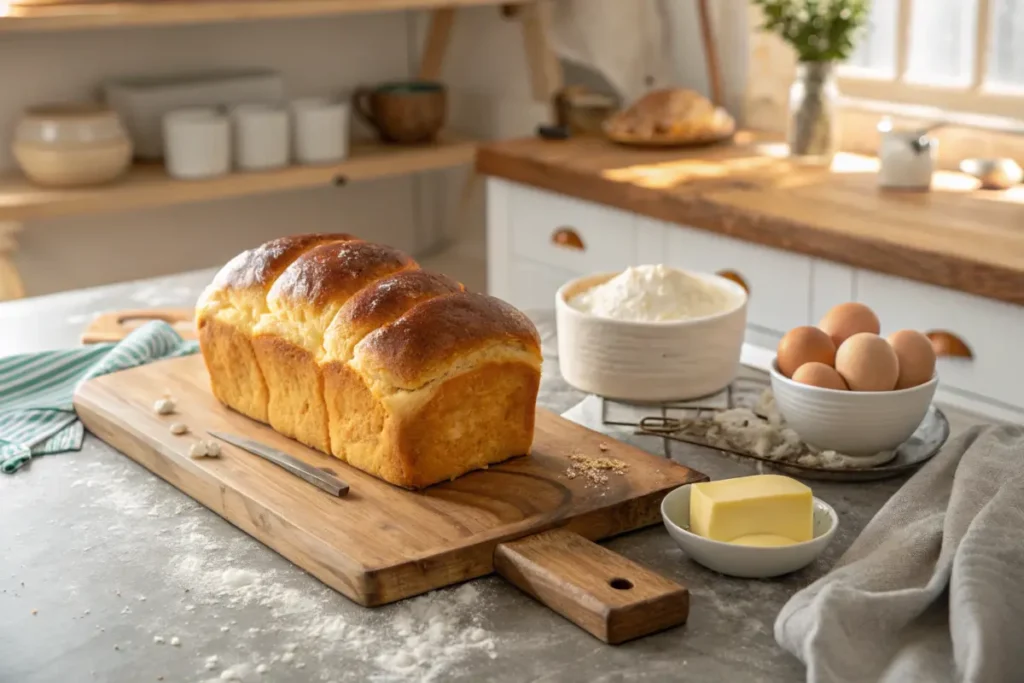 Freshly baked golden brioche loaf in a rustic kitchen setting