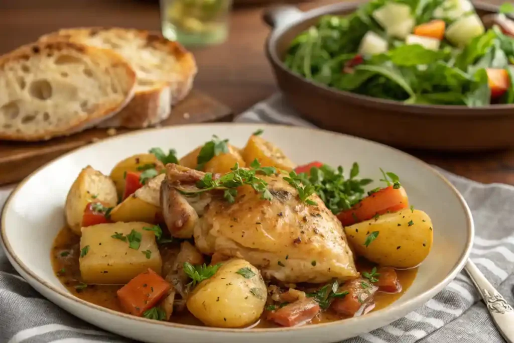 Plated crock pot chicken and potatoes with herbs