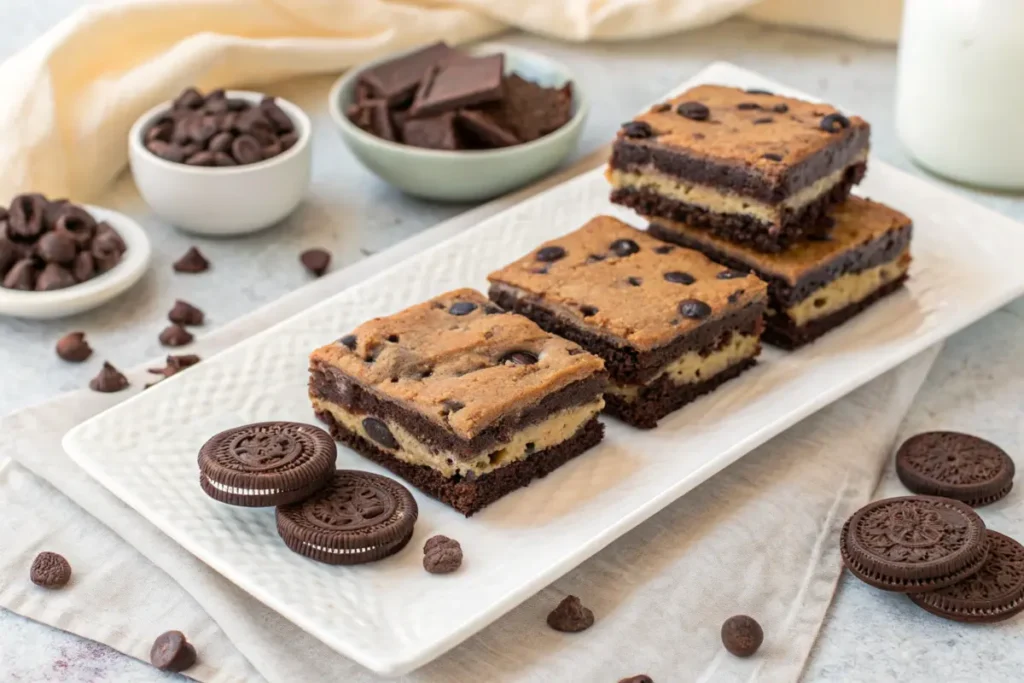 Gooey layers of slutty brownies on a white platter with baking ingredients.