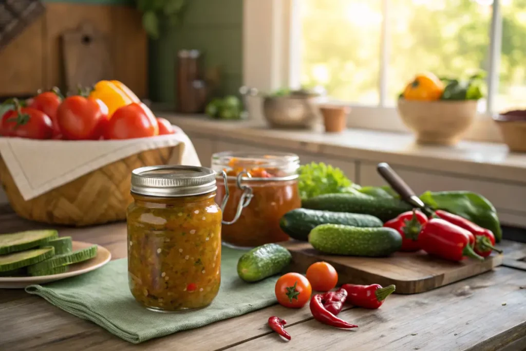 Jar of pickle relish and chow chow with fresh vegetables in a rustic kitchen