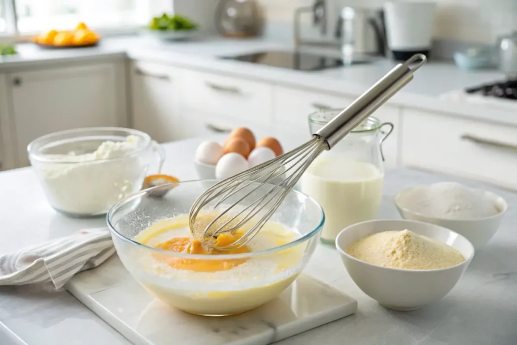 Mixing heavy cream, egg yolks, and sugar for crème brûlée.