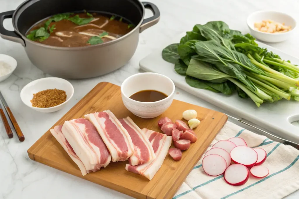 Sinigang ingredients laid out on a kitchen counter.