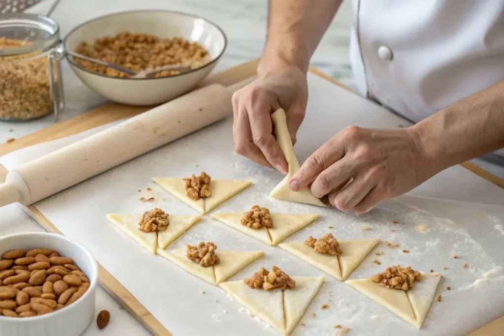 Baker Preparing Mandelgipfel with Almond Filling
