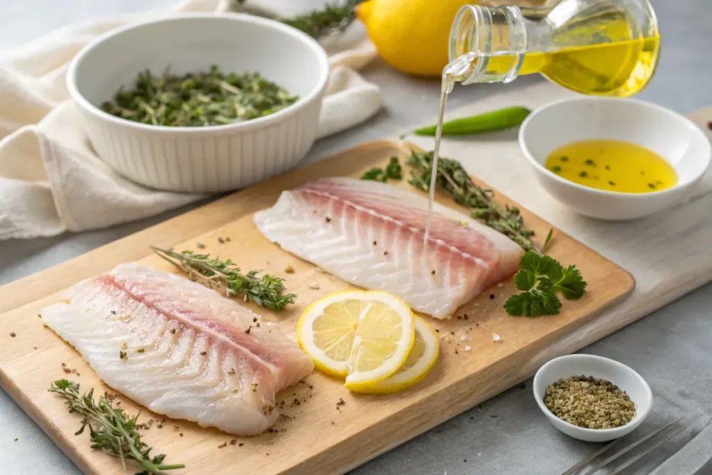 Raw rockfish fillets being seasoned on a kitchen countertop.