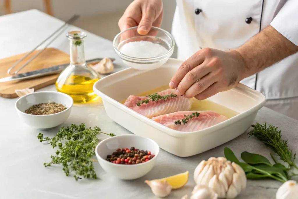 Chef soaking rockfish fillets in a saltwater brine.