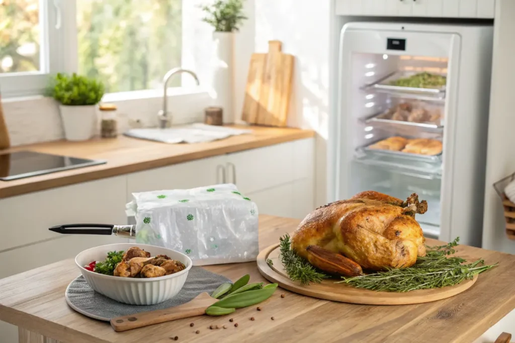 Rotisserie chicken ready for freezing in a cozy kitchen setup.