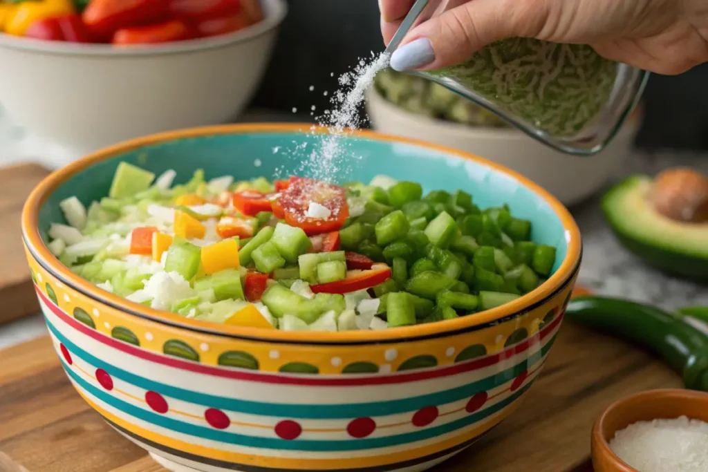 Chopped vegetables being salted for chow chow relish preparation.