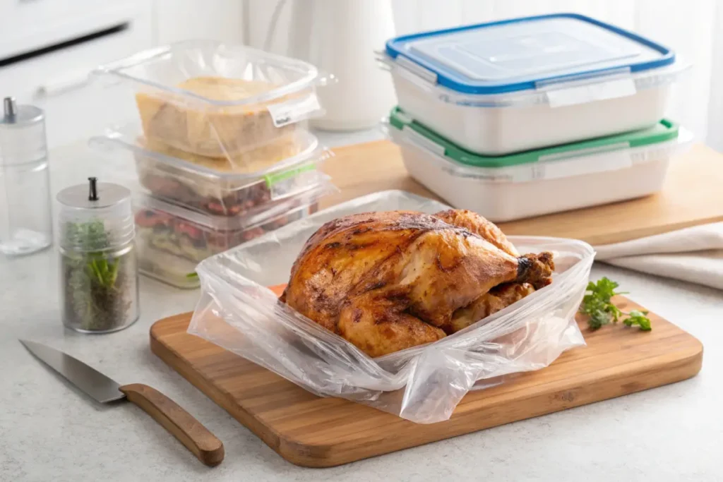 Wrapping rotisserie chicken for freezer storage with airtight containers.