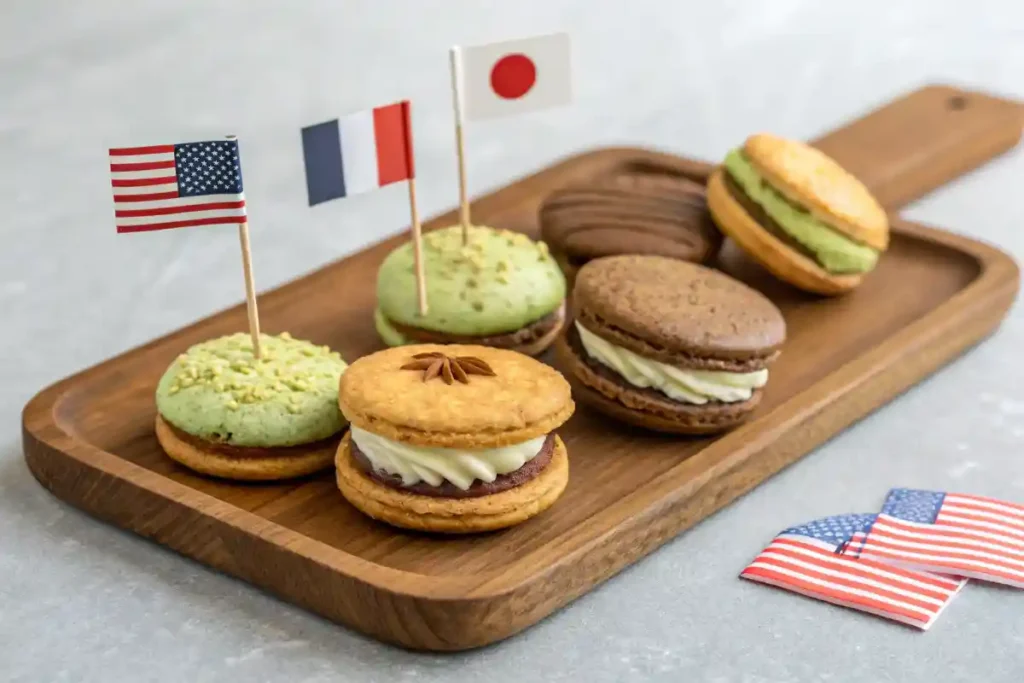 Assorted crookies with regional flavors from Japan, USA, and France.