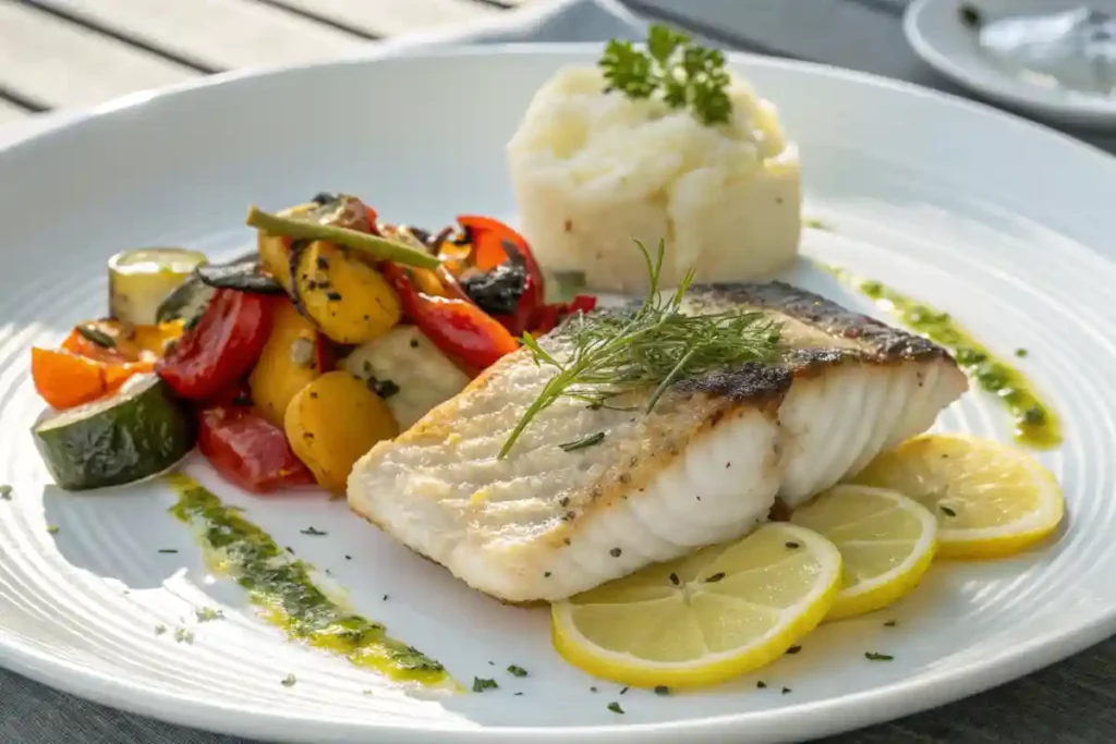 Plated Rockfish with Roasted Vegetables and Mashed Potatoes