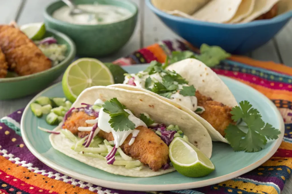 Rockfish tacos with lime crema and cilantro