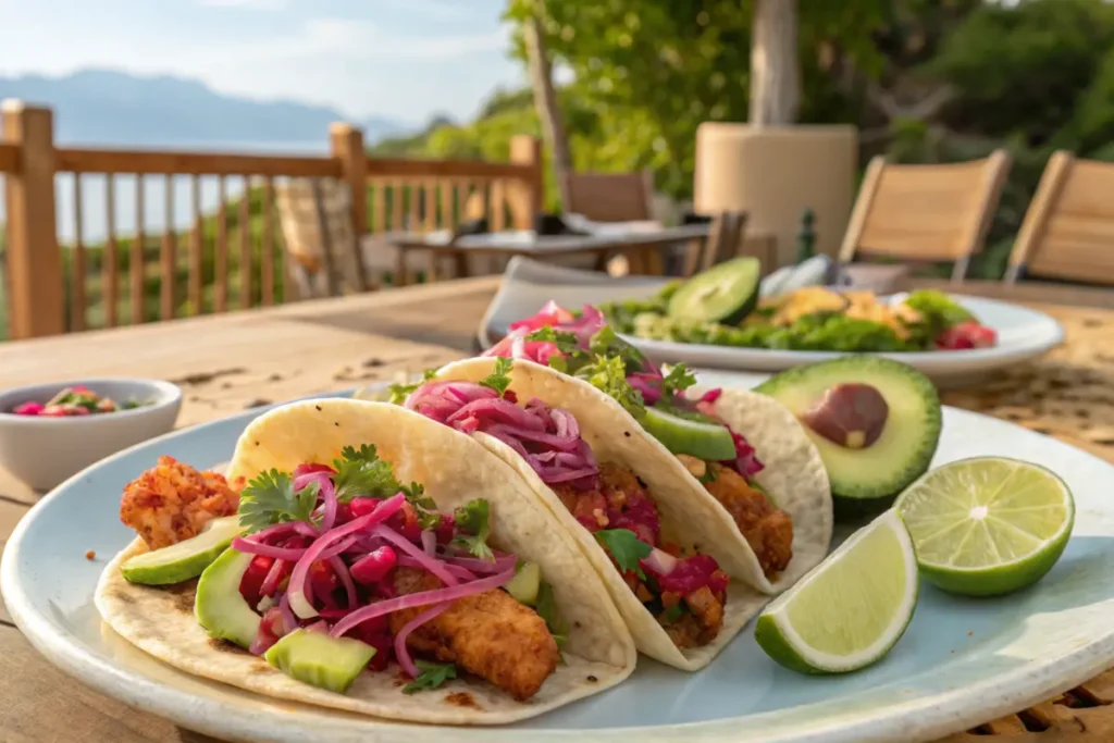 Rockfish tacos served with slaw, avocado, and lime.