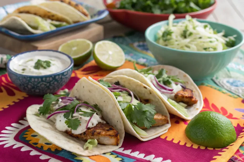 Grilled rockfish tacos with lime crema and cabbage.