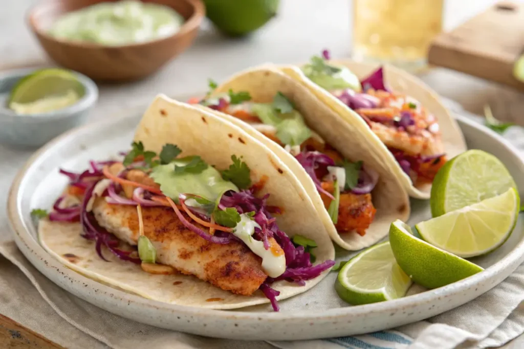 Rockfish tacos with zesty slaw and lime.