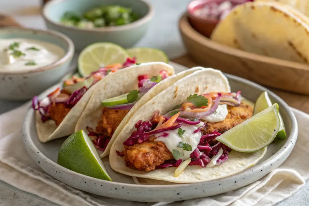 Rockfish tacos with zesty slaw and lime.