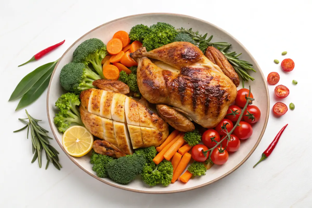 Rotisserie chicken and chicken breast with fresh vegetables.