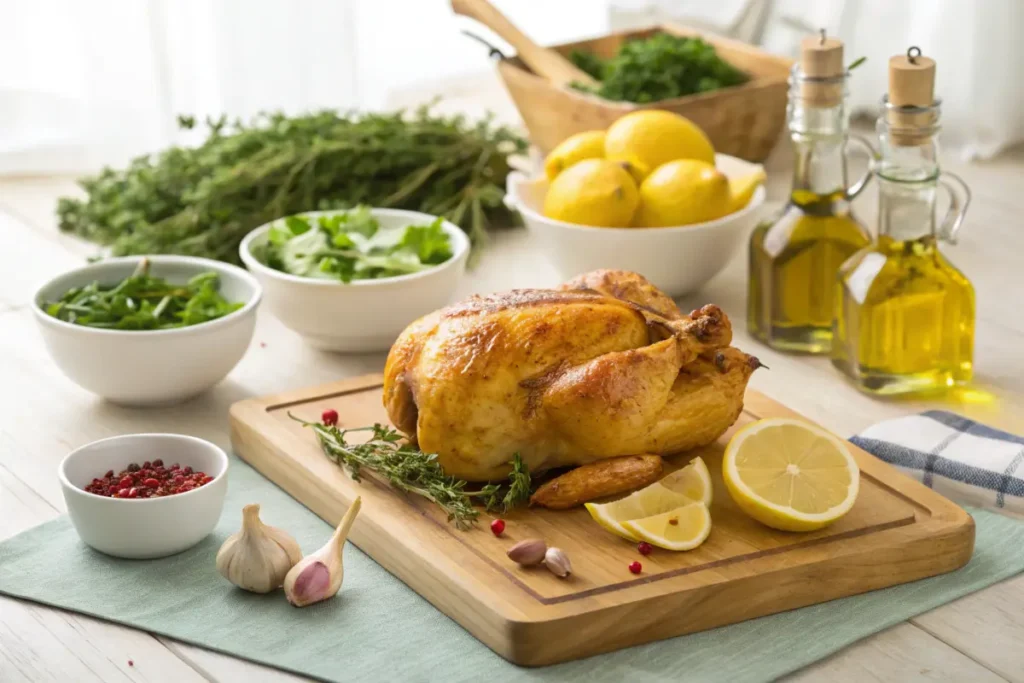 Golden rotisserie chicken surrounded by fresh ingredients on a cutting board.