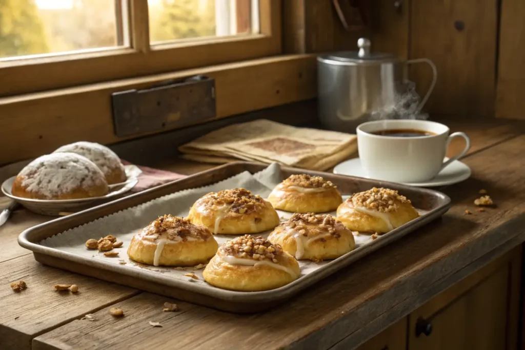 Freshly baked Nussgipfel pastries with a steaming cup of coffee.