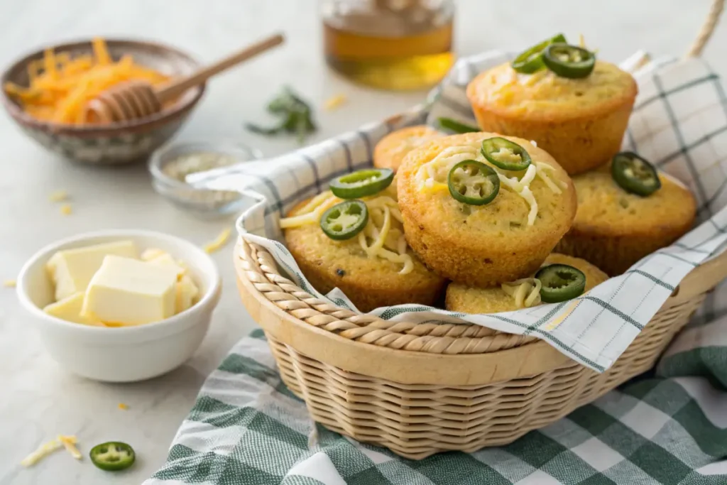 Cornbread muffins with jalapeños and cheese.