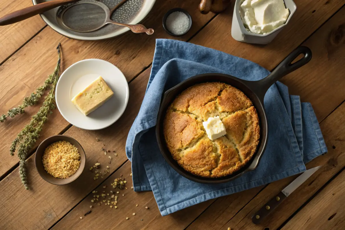 Freshly baked, savory Southern cornbread in a cast iron skillet on a rustic table.