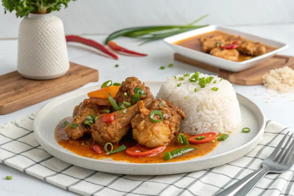 Sinigang-inspired fried chicken with rice and herbs