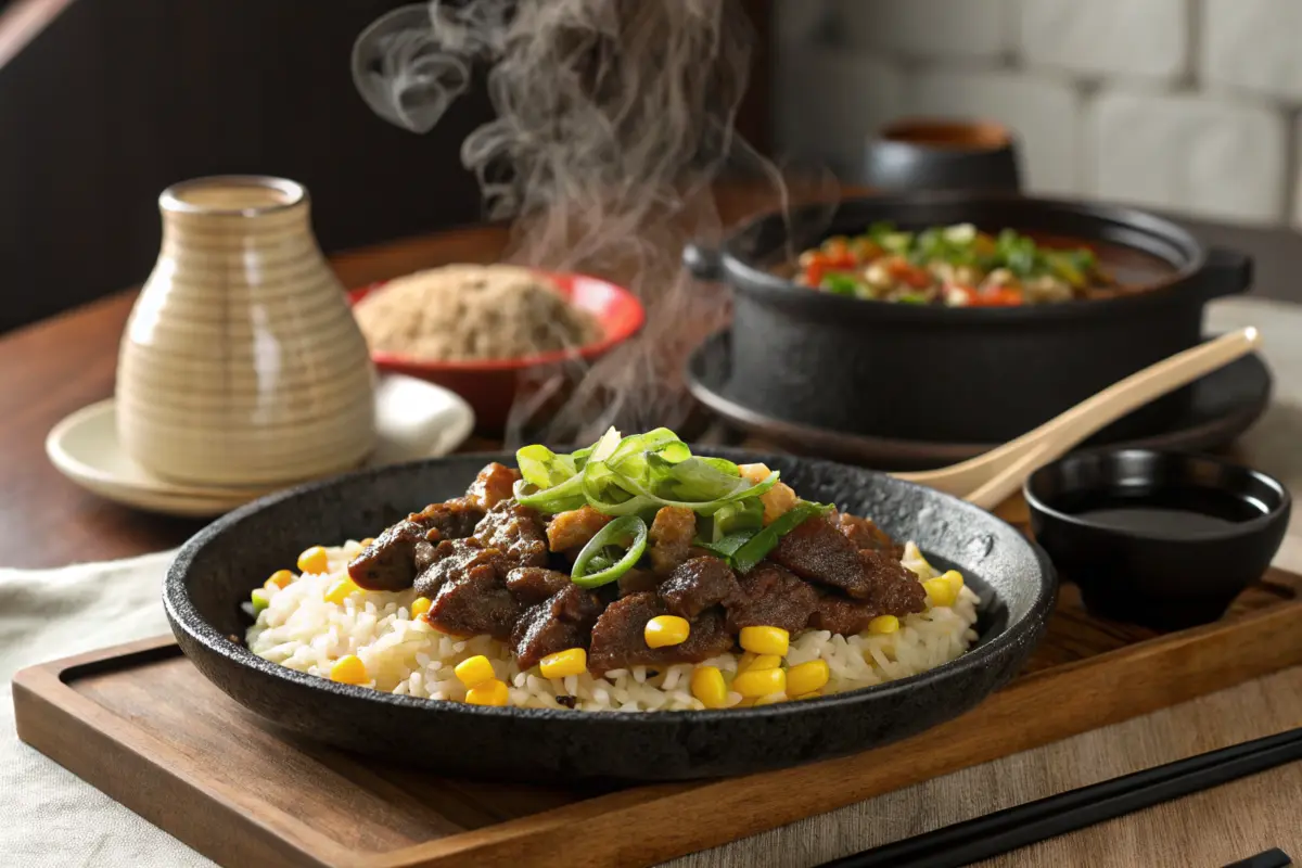 Beef Pepper Rice on a Sizzling Hotplate with Garnishes