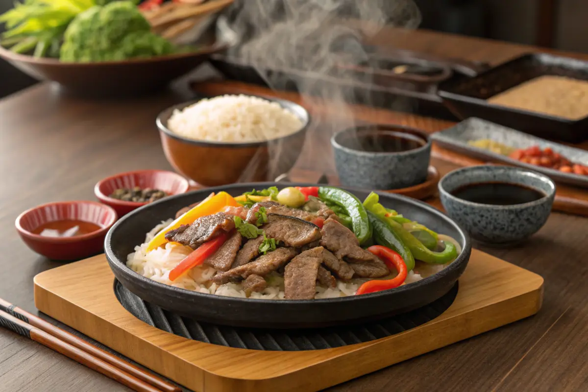 Sizzling beef pepper rice served on a hot iron plate in a Japanese restaurant.