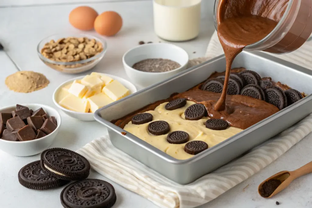 Cookie dough, Oreos, and brownie batter layered in a baking pan.