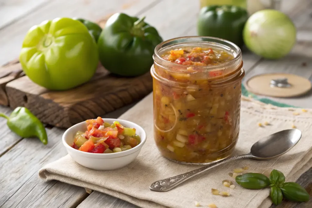 A jar of Southern Chow Chow relish with fresh vegetables.