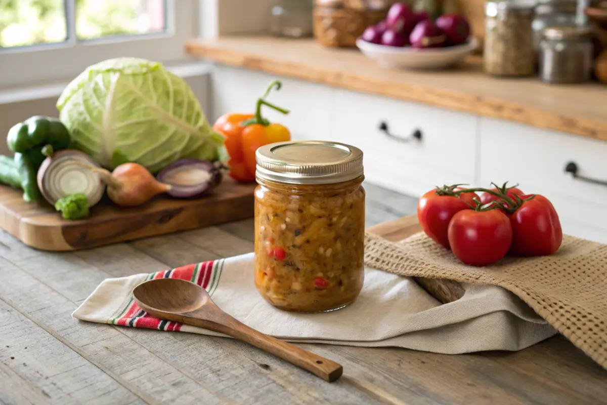 Jar of Southern chow chow relish with fresh vegetables in a rustic kitchen.