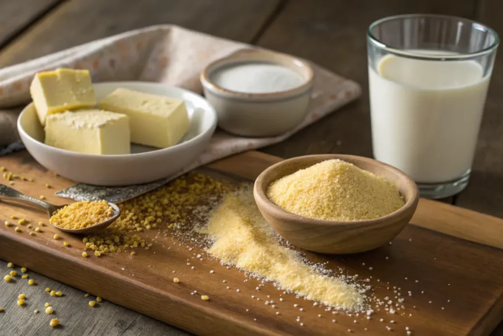 Ingredients for making savory Southern cornbread, including cornmeal, buttermilk, butter, and salt