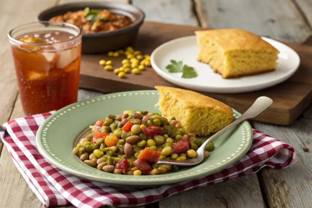 Southern field peas and cornbread with a spoonful of chow chow relish.