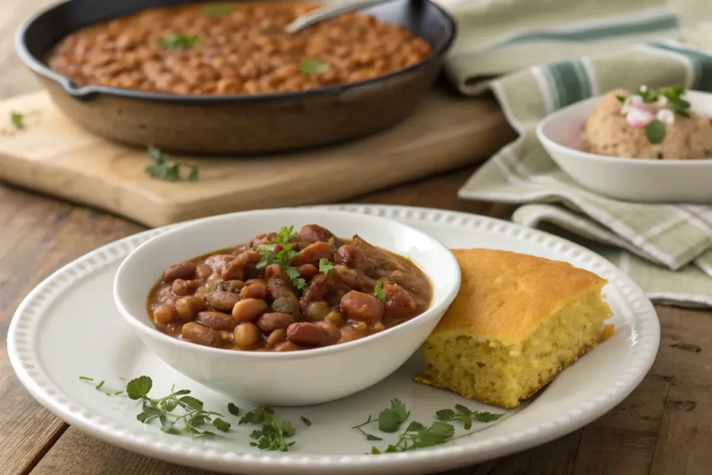 A plate of pinto beans and cornbread with chow chow relish on the side.