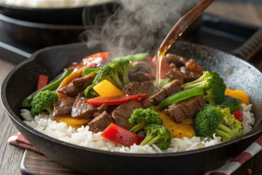 A close-up of stir-fried beef and rice with vegetables in a hot pan.