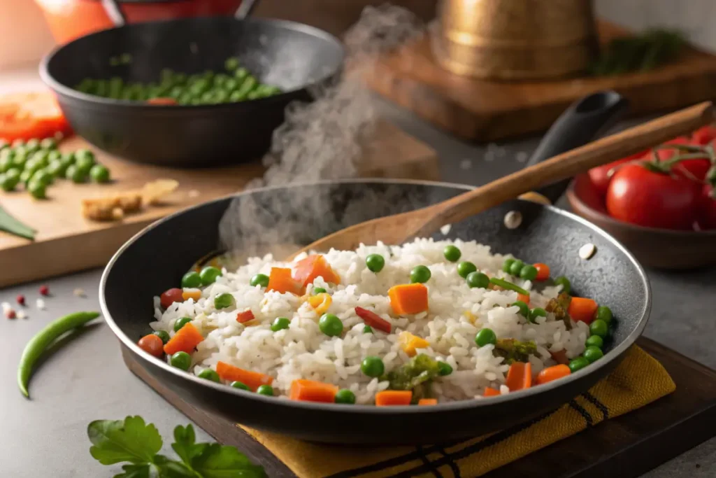 Stir-fried white rice with black pepper and vegetables in a pan.