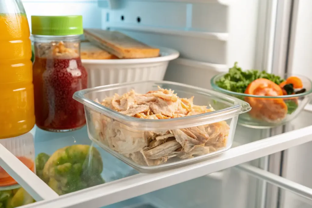 Leftover rotisserie chicken in a container in a fridge.