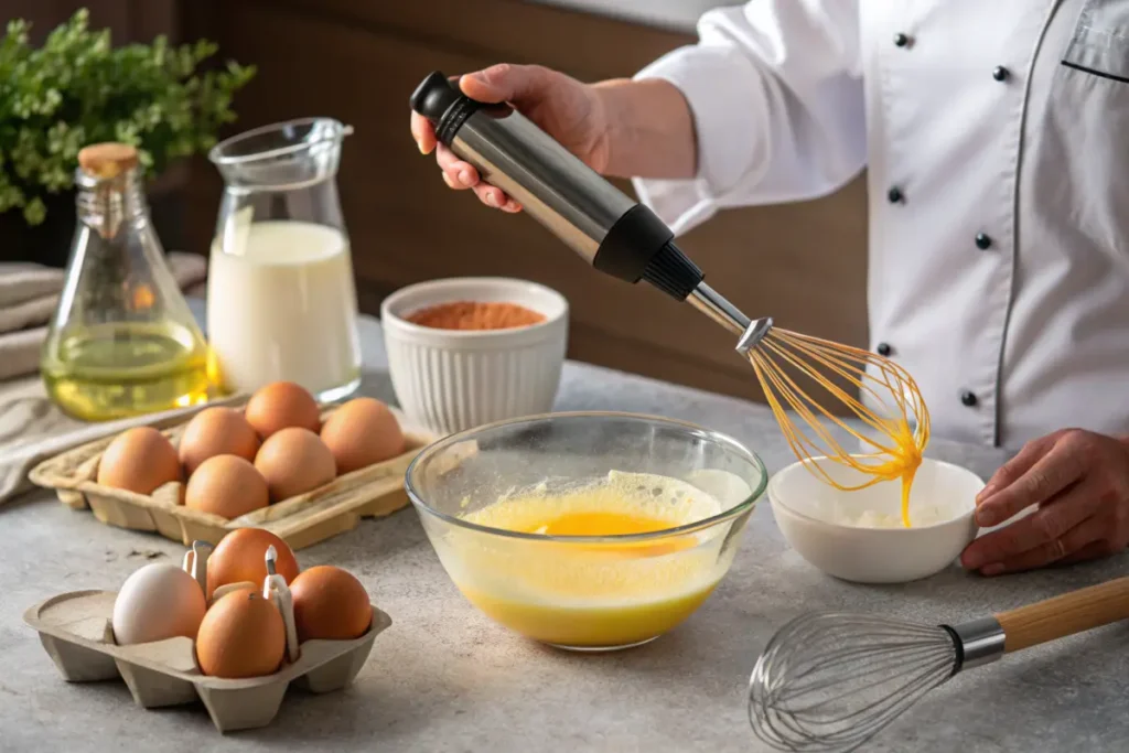 Tempering cream and egg yolks for crème brûlée preparation