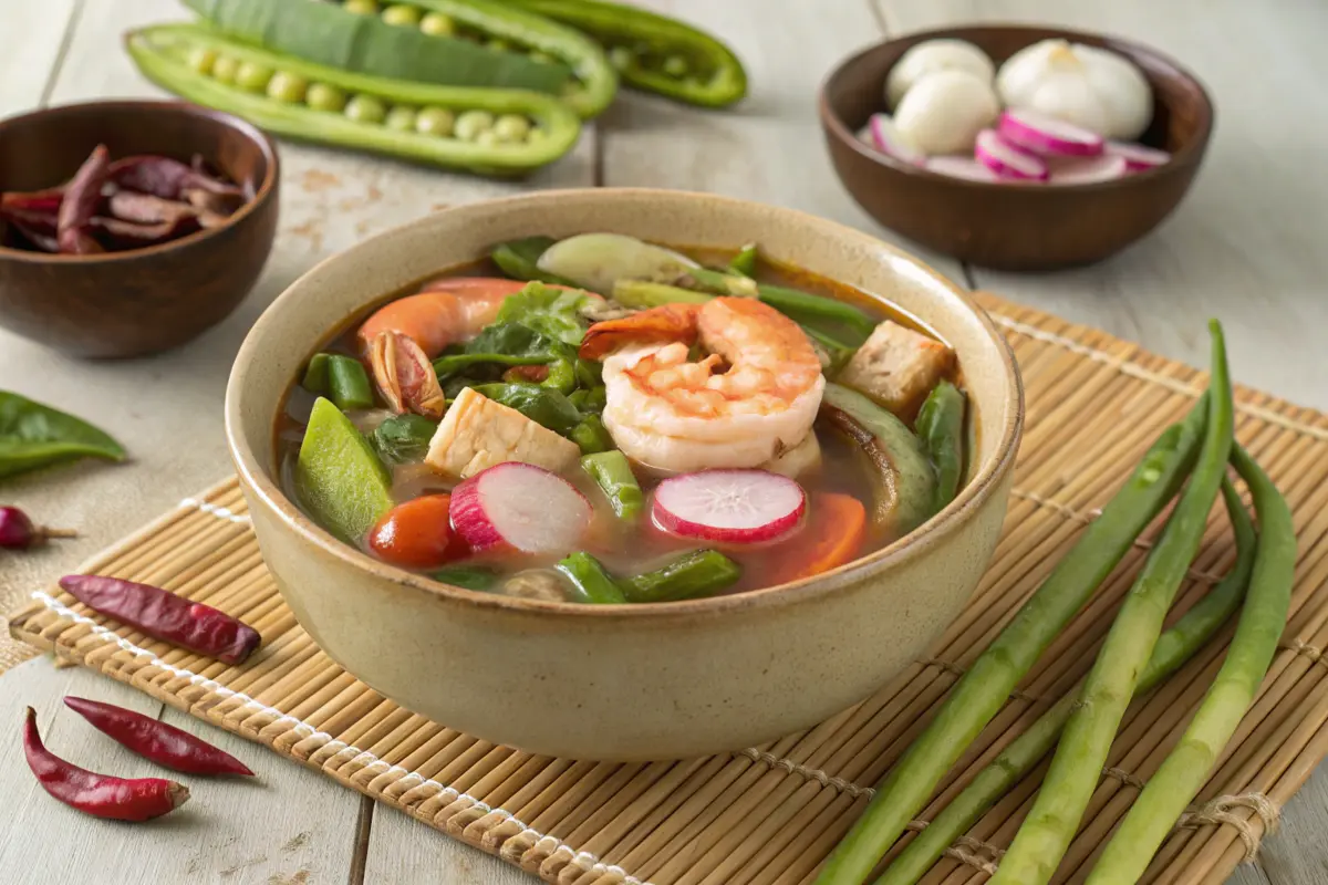 Bowl of Filipino shrimp Sinigang soup with fresh vegetables