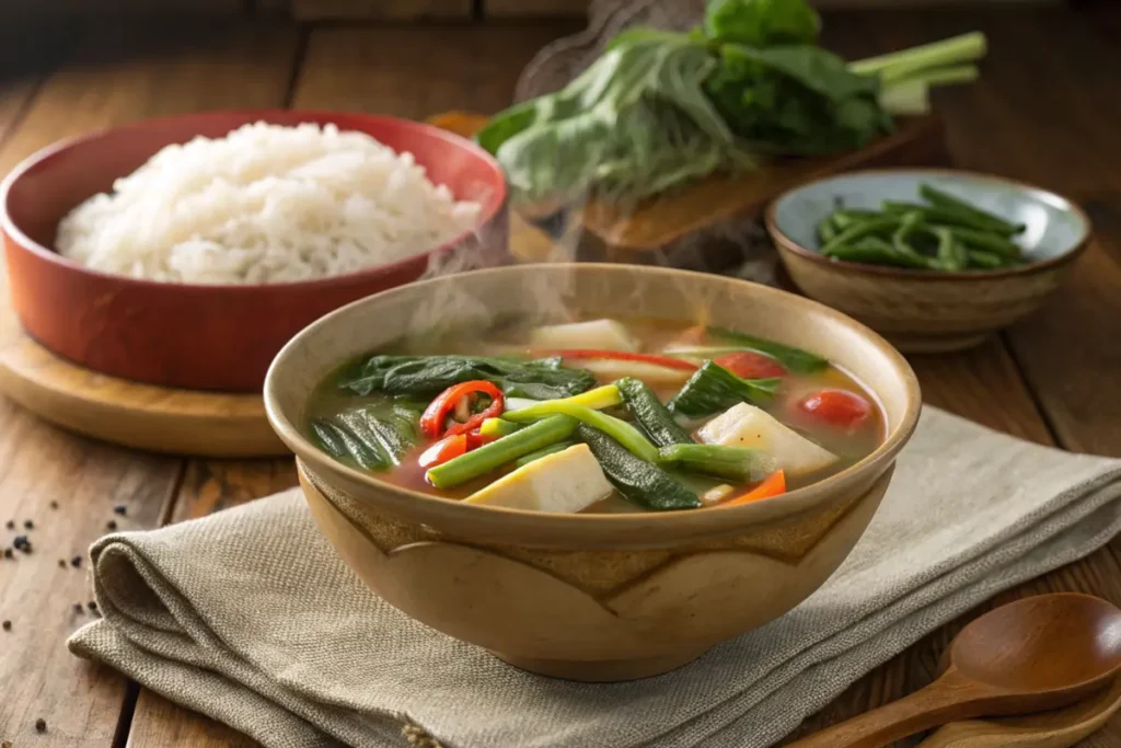 Steaming bowl of Sinigang soup with fresh vegetables and rice.