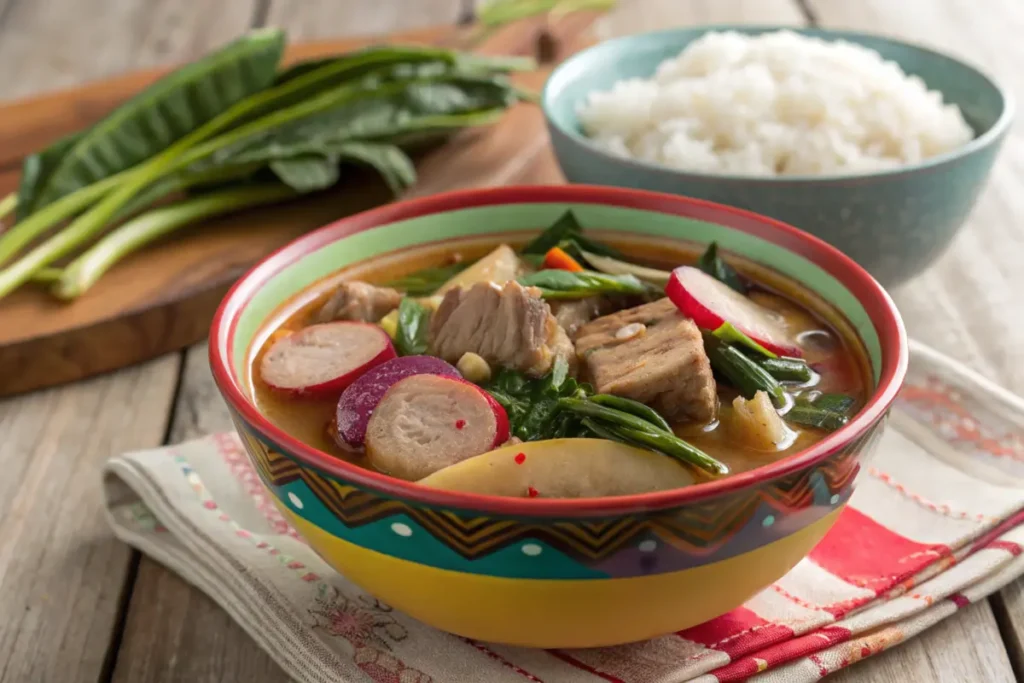 Shrimp sinigang in a bowl with vegetables and herbs.