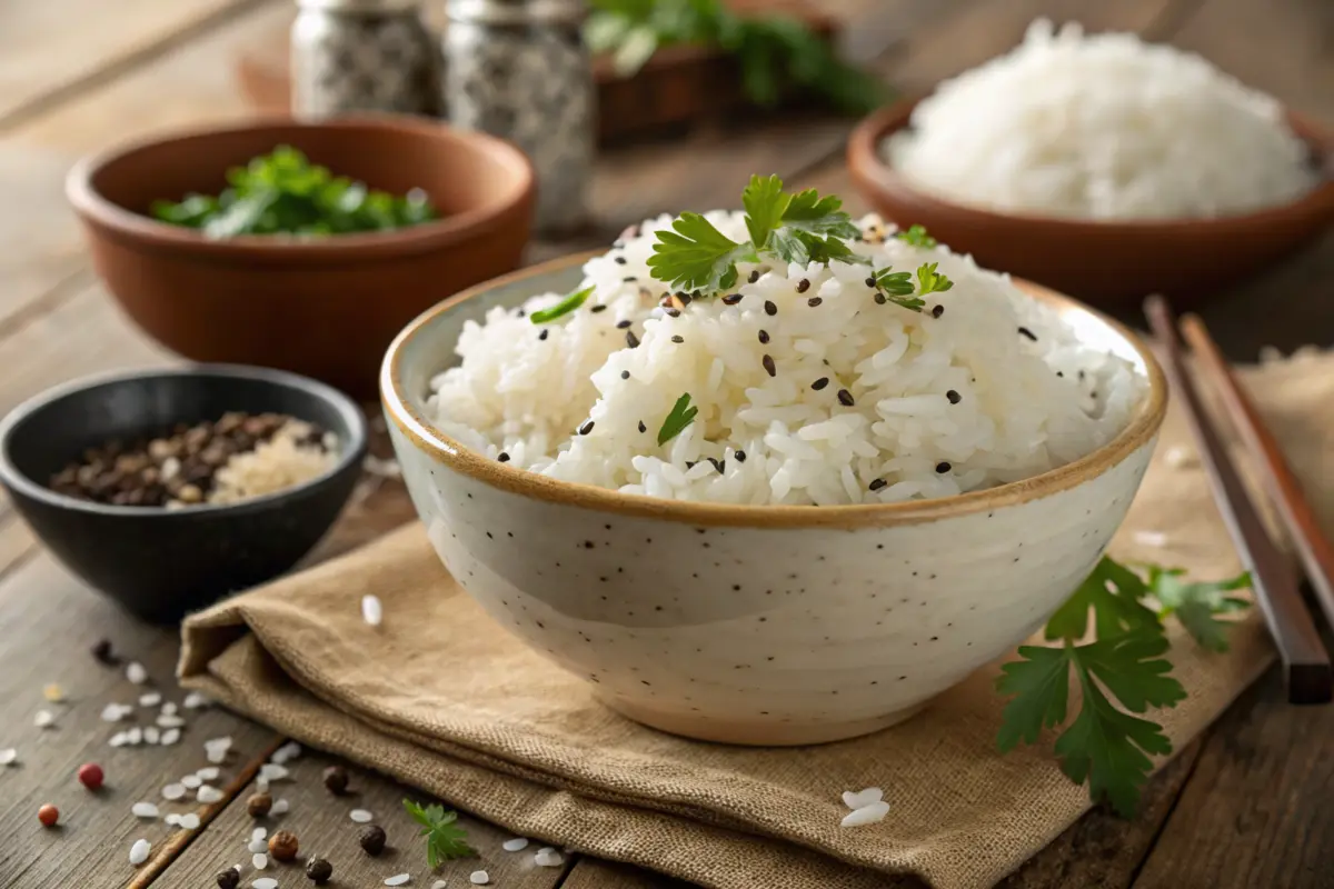 A bowl of white rice garnished with black pepper and parsley.