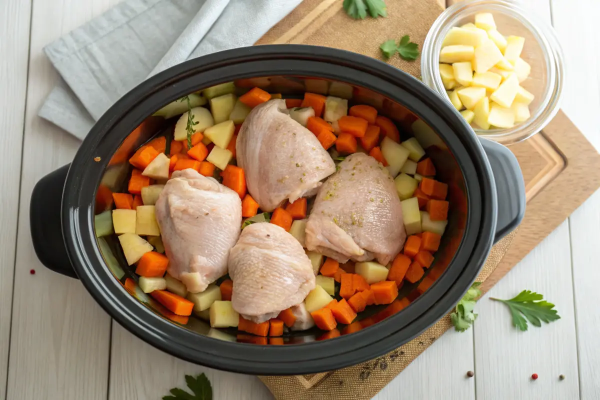 Raw chicken in crock pot with vegetables