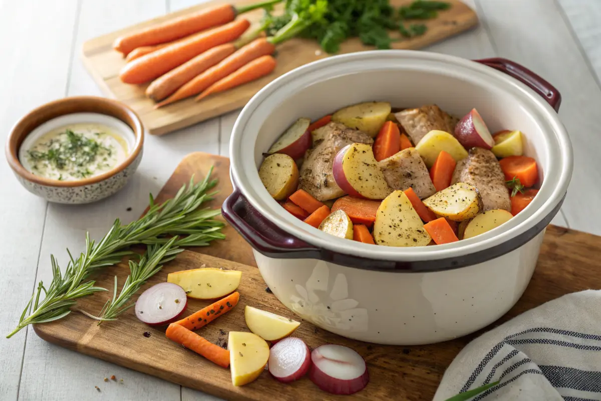 Layered potatoes and meat in crock pot