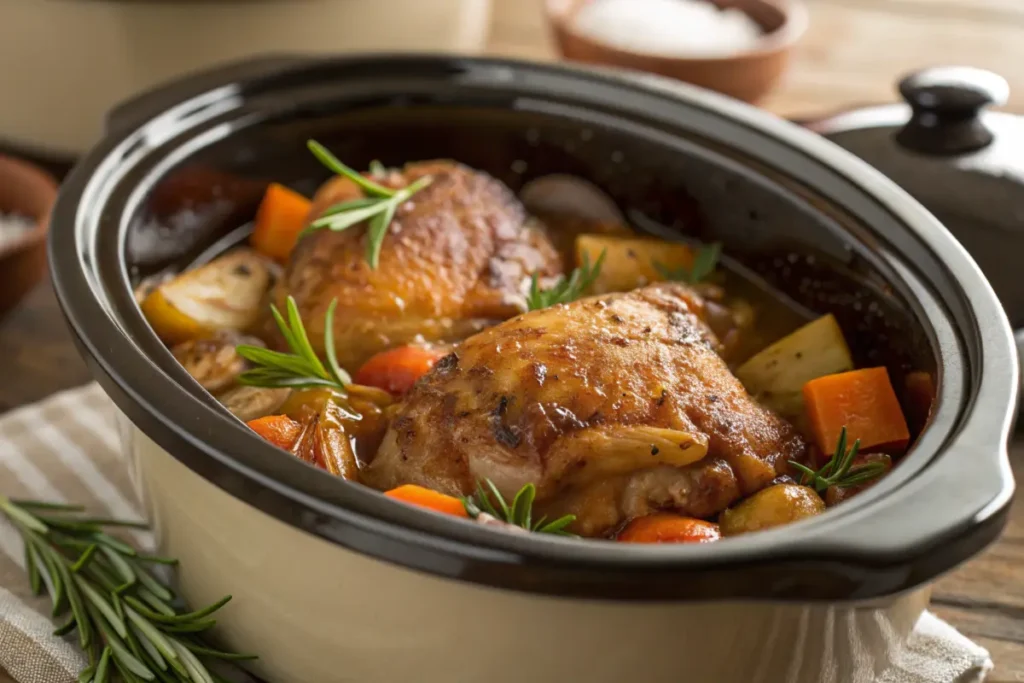 Crock pot with cooked chicken and vegetables