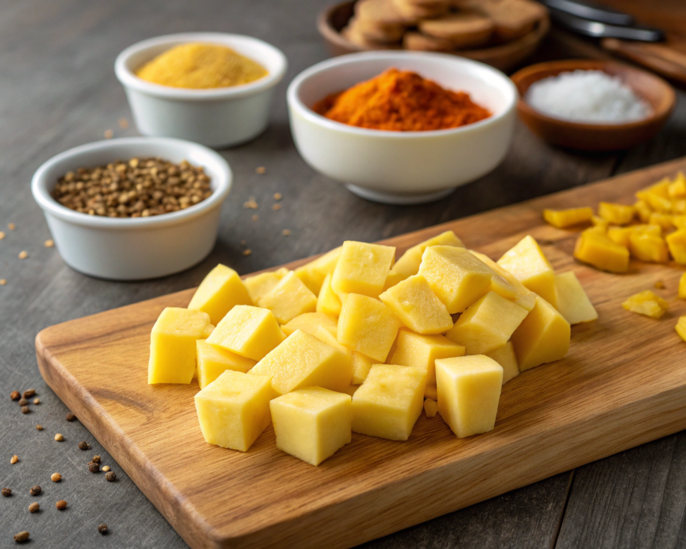 Uniformly diced golden potatoes on a cutting board with small bowls of turmeric, cumin, and garam masala in the background.