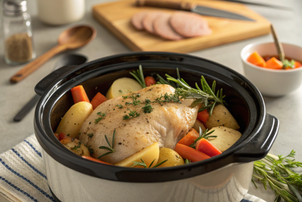 Layered crock pot chicken and potatoes