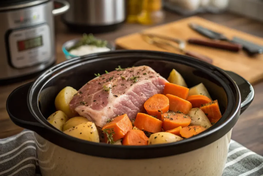 Crock pot cooking vegetables under meat